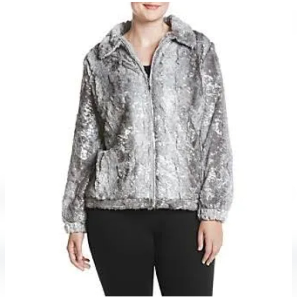Alfred Dunner Silver Gray Faux Fur Full Zip Lined Jacket Size 14P